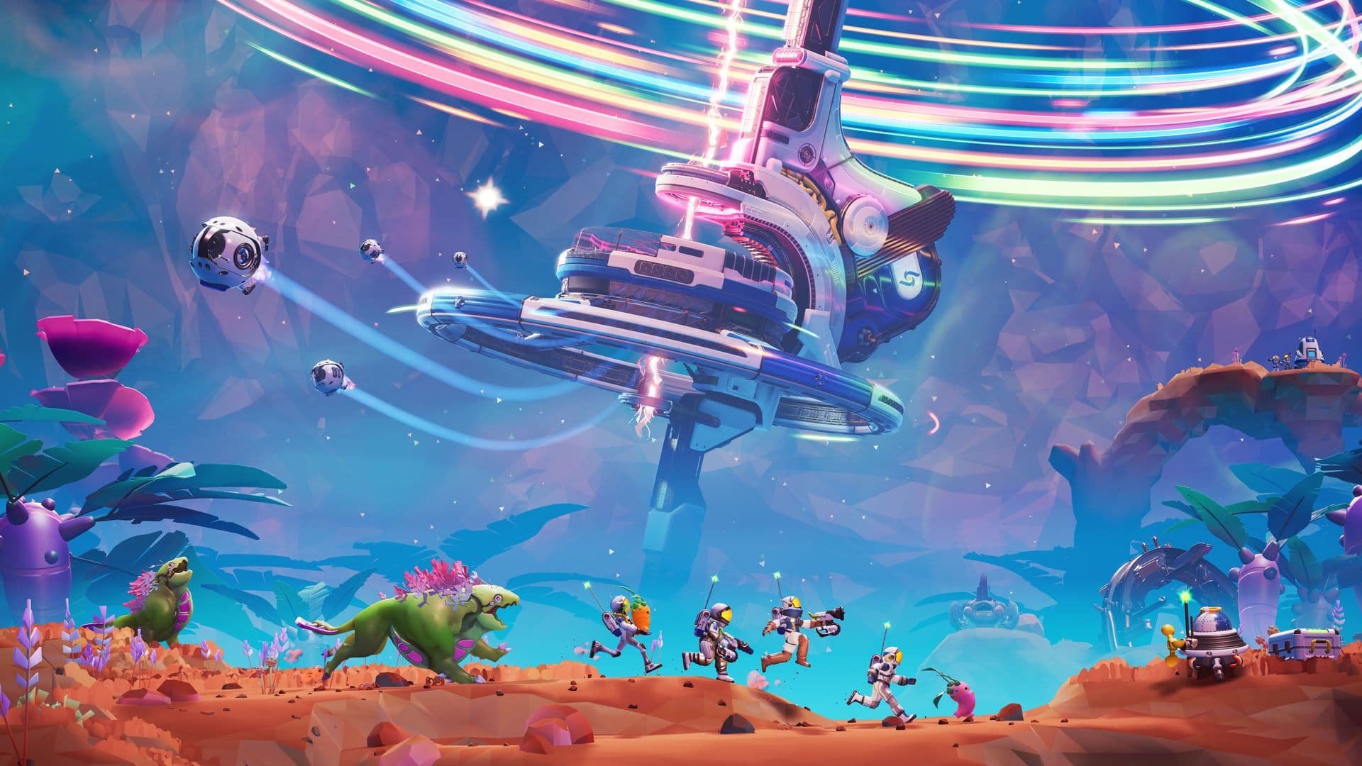 Astroneers run from a Boghound against the backdrop of the ESS Starseeker Station.